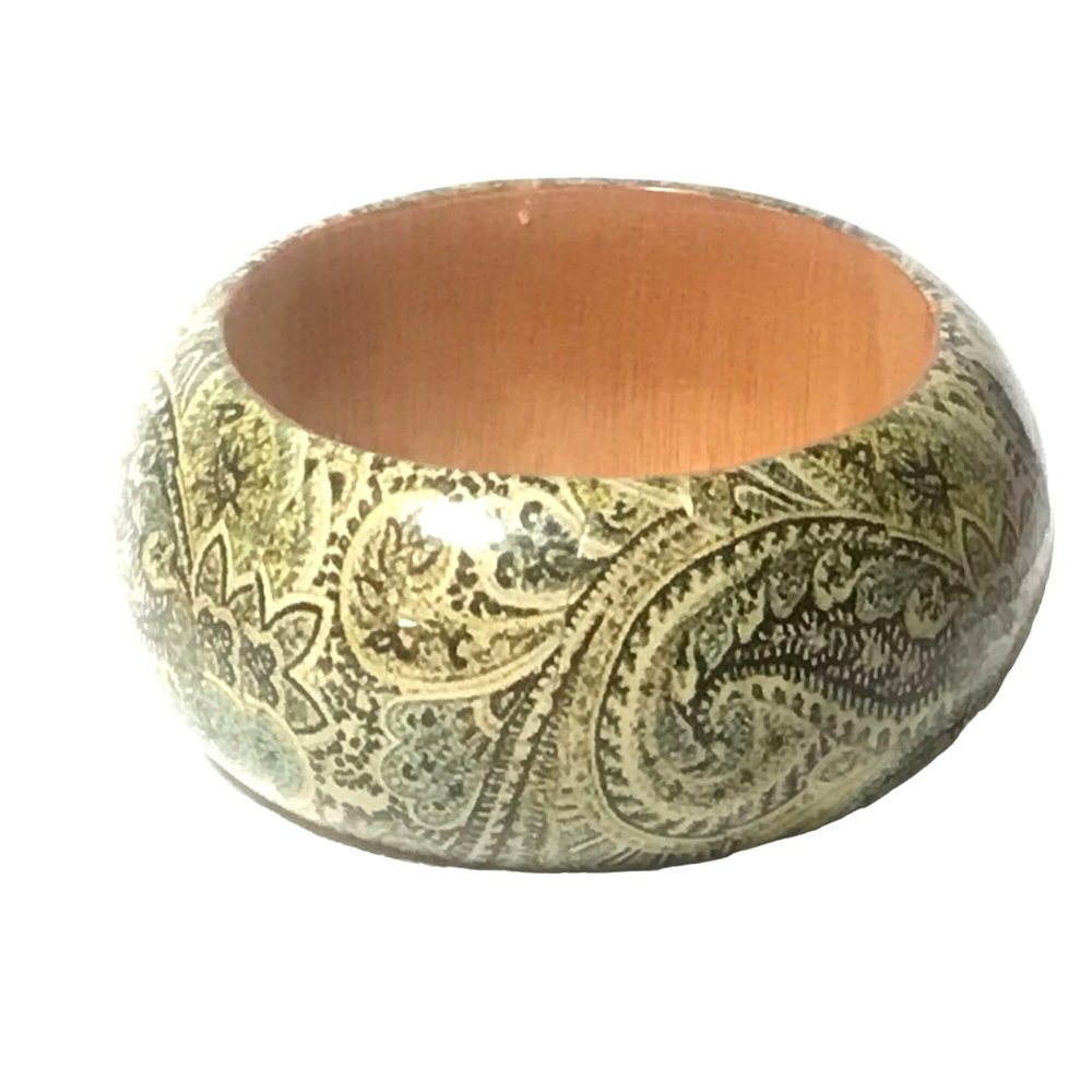 Huge Chunky Domed Paisley Wood and Lucite Bangle Bracelet in Khaki Green - Picture 5 of 5